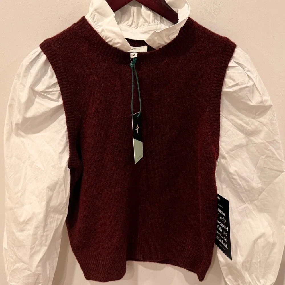 Tuckernuck Winetasting Burgundy Knit Vest Mixed Media Puff Sleeve Top XS NEW